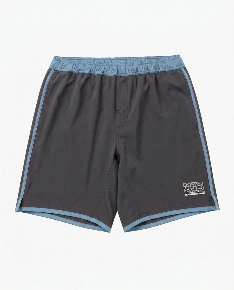 Charcoal Sky shorts with blue waistband and trim